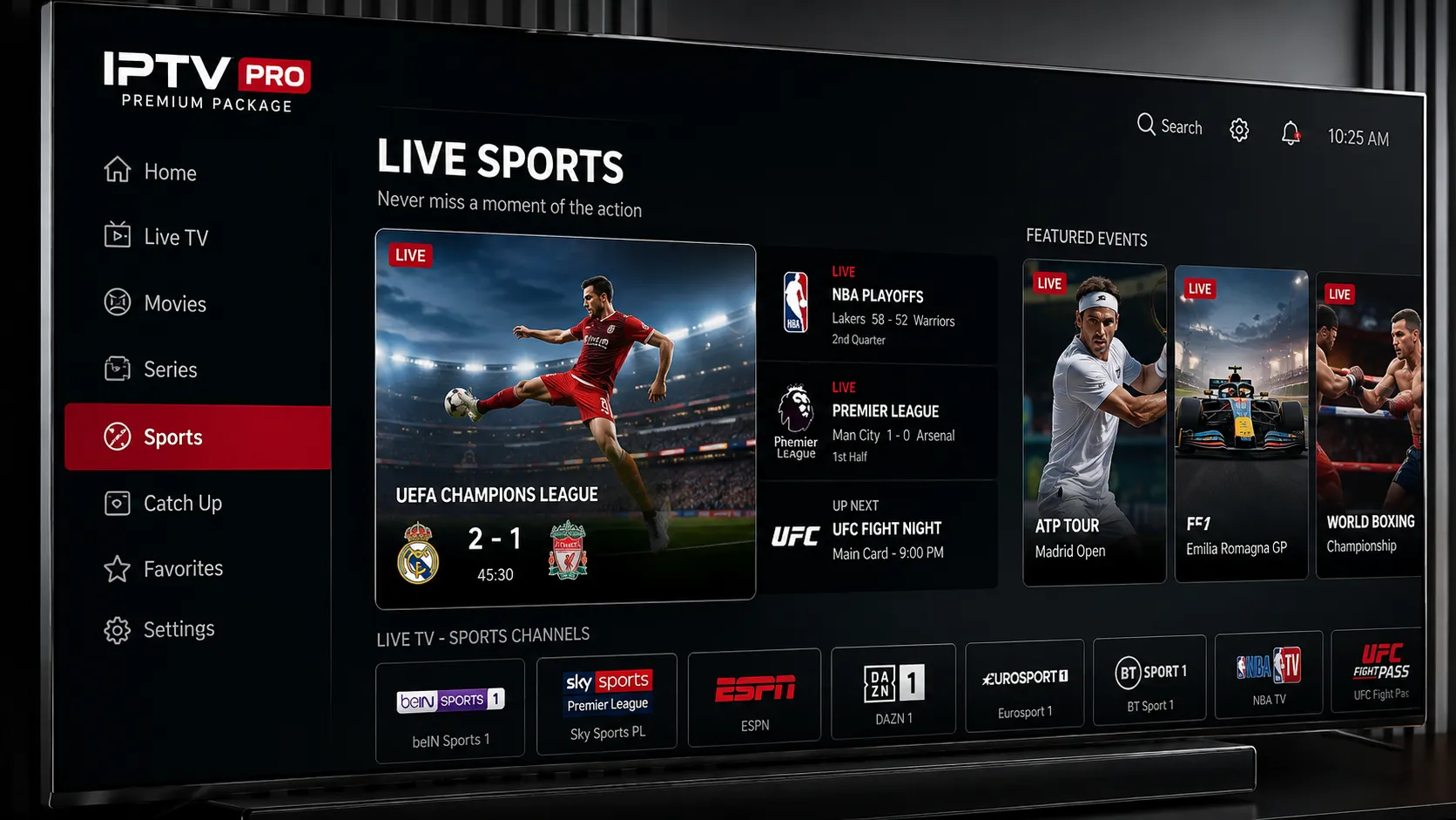 IPTV channel guide showing live sports, news, entertainment and international channel categories on a modern streaming interface